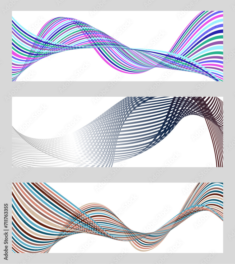 Wavy lines or ribbons. Set of 3 backgrounds. Multicolored striped gradient. Creative unusual background with abstract gradient wave lines to create a trendy banner, poster. vector eps Wavy lines or ribbons. Set of 3 backgrounds. Multicolored striped gradient. Creative unusual background with abstract gradient wave lines to create a trendy banner, poster. vector eps