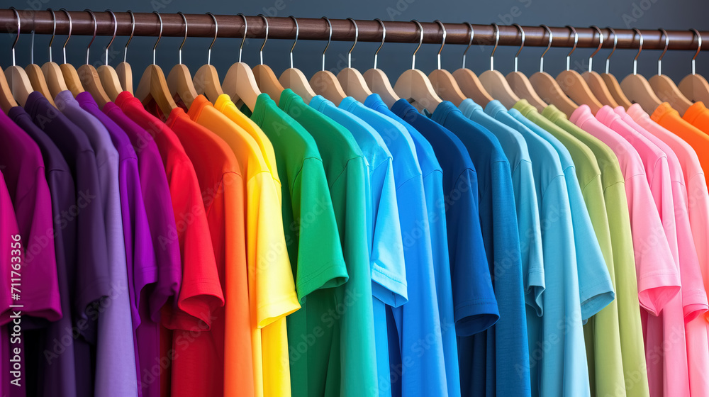 Rainbow colors. Variety of colorful casual clothes on wooden hangers. Vibrant t-shirts on a clothes rack.