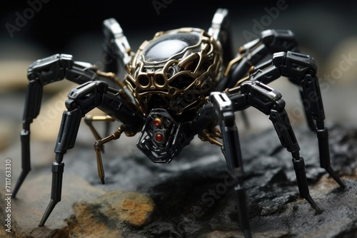 A clear close-up image of a spider seen in great detail as it perches on top of a rock, Genetically modified robotic black spider, AI Generated © Iftikhar alam