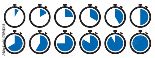Stopwatch icon set in blue color. Stopwatch symbol set. Collection of timer icon set in blue color on white background. Countdown clock stopwatch, timer vector illustation.