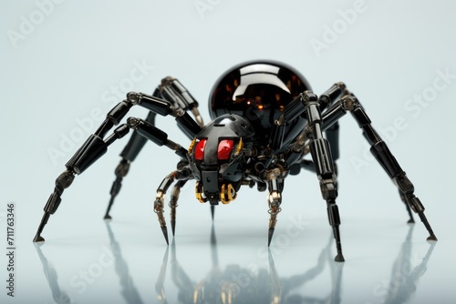 Startling image of a large spider perched on top of a table, showcasing the presence of this creepy arachnid on everyday furniture, Genetically modified robotic black widow spider, AI Generated