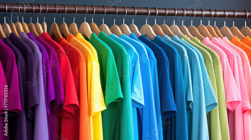 Rainbow colors. Variety of colorful casual clothes on wooden hangers. Vibrant t-shirts on a clothes rack.