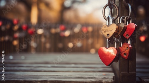 A pair of interlocking heart-shaped padlocks hanging on a rustic fence, allowing for text placement against the romantic lock-inspired scene. - Generative AI photo