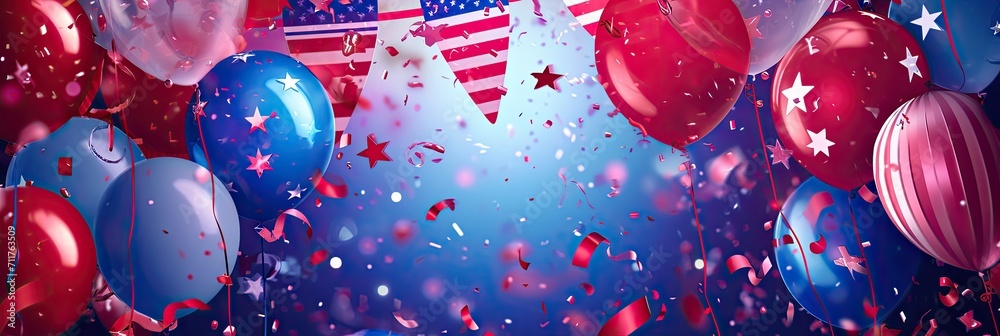 the 4th of july with flags, balloons, and stars Generative AI - obrazy, fototapety, plakaty 