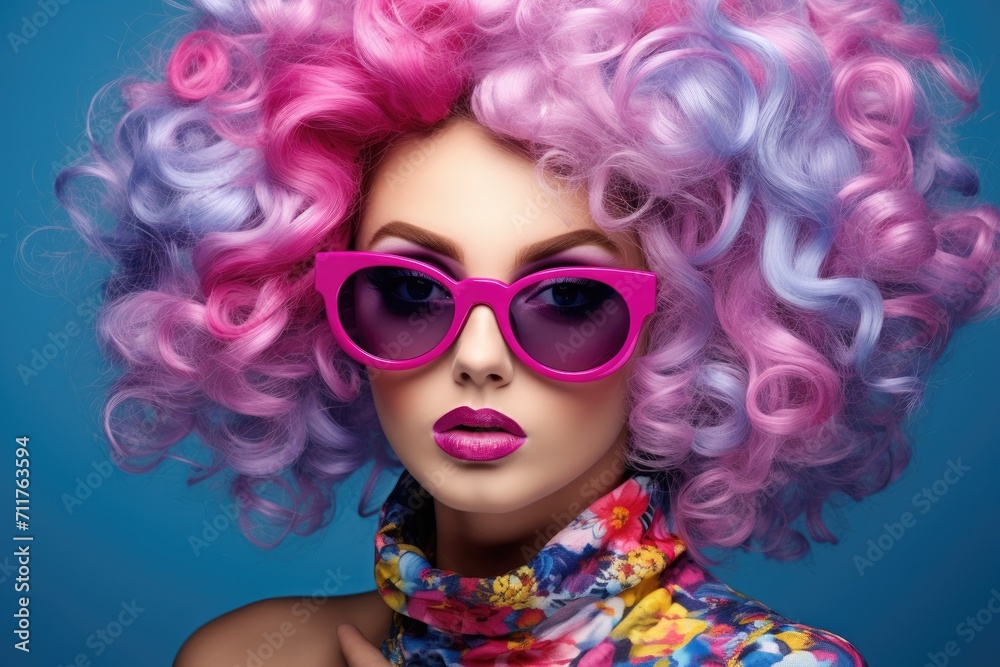 An image of a woman with vibrant pink and purple hair wearing trendy sunglasses, glamour stylish fashion and colour glasses make up design costume beautiful woman studio shot, AI Generated