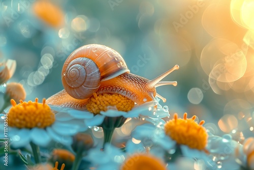 Beautiful little snail sleeps on a flower in spring. Small snail on a flower in soft, sweet tones in a composition of peace and fantasy.