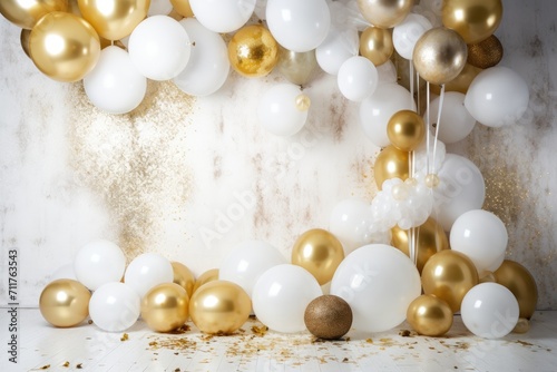 A vibrant bunch of colorful balloons gracefully floating in the air against a vivid blue sky, Glam New Years Eve celebration white and gold background with balloons, AI Generated