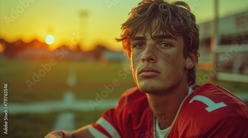 Serious young football player in red jersey at sunset on the field photo
