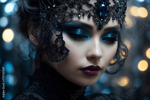 Side pose of a female in an mesmerizing fusion of glam adorned in a flowing black velvet gown with lace details and silver embellished jewellery. Generative Ai 