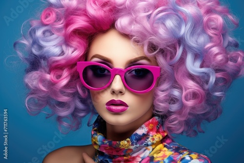 An image of a woman with vibrant pink and purple hair wearing trendy sunglasses, glamour stylish fashion and colour glasses make up design costume beautiful woman studio shot, AI Generated © Iftikhar alam