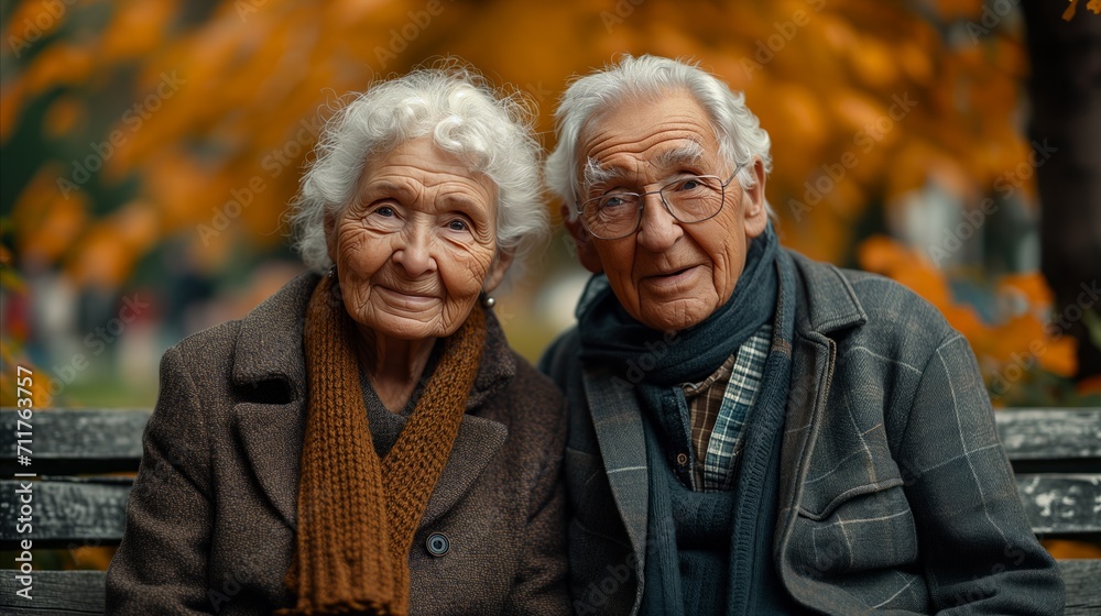 Senior couple enjoying autumn day sitting together on a park bench