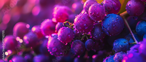 A vibrant cluster of magenta, violet, and purple berries sit nestled among delicate flowers, basking in the warm glow of the outdoors