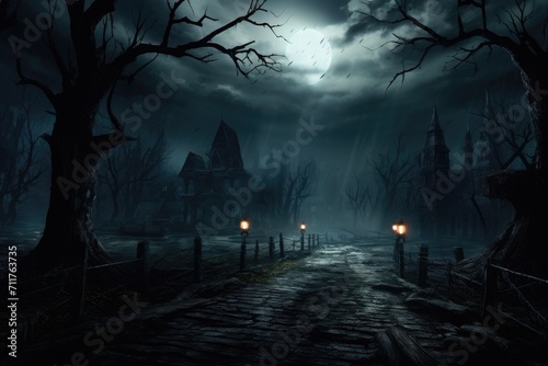 A chilling and atmospheric night scene featuring a spooky cemetery filled with mystery and shadows, Gloomy and scary background for Halloween, AI Generated