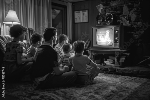 Journey to the Past: A Heartwarming 1970s and 1960s Holiday TV Special, Where a Family Gathers Around the black and white Television photo