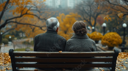 Elderly couple sitting together on park bench in autumn season
