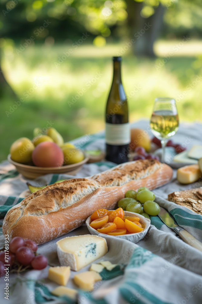 French countryside picnic featuring a baguette, cheeses, fruits, and wine