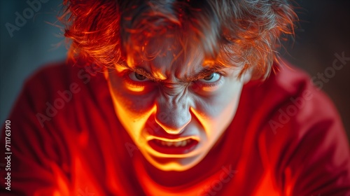 Dramatic portrait of a man with intense expression in red light