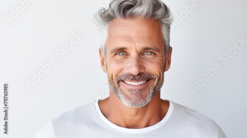 attractive middle aged man in white mock-up T-Shirt, looking into camera