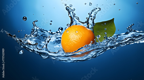 an orange with a leaf splashing into water