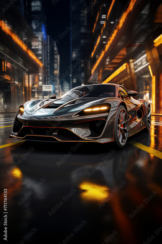 Futuristic sportcar on neon highway