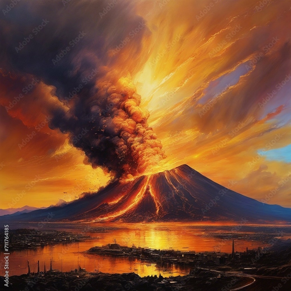 golden sunset over a volcanic eruption