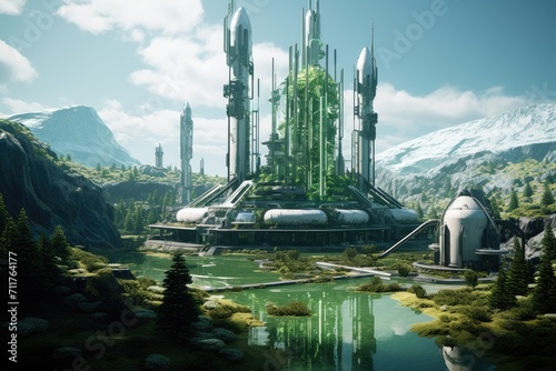 A stunning image showcasing a futuristic city nestled amidst majestic mountains and lush green trees, Green hydrogen energy facility, AI Generated