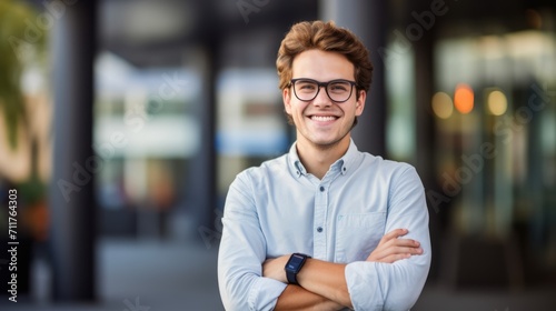 young student stands with folded arms in front of a building photo