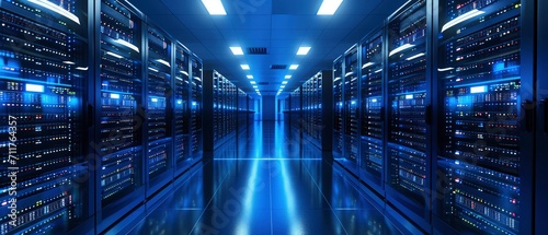 Envision a visually captivating server room, Rows of high-tech servers neatly organized in racks create a sleek backdrop. photo