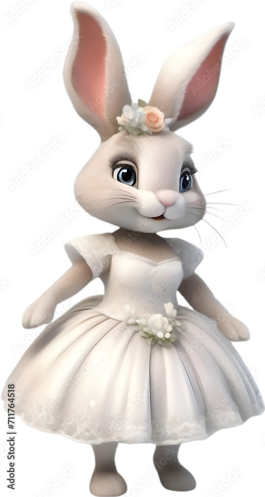 Obraz premium Watercolor of a cute cartoon rabbit in a bride costume.
