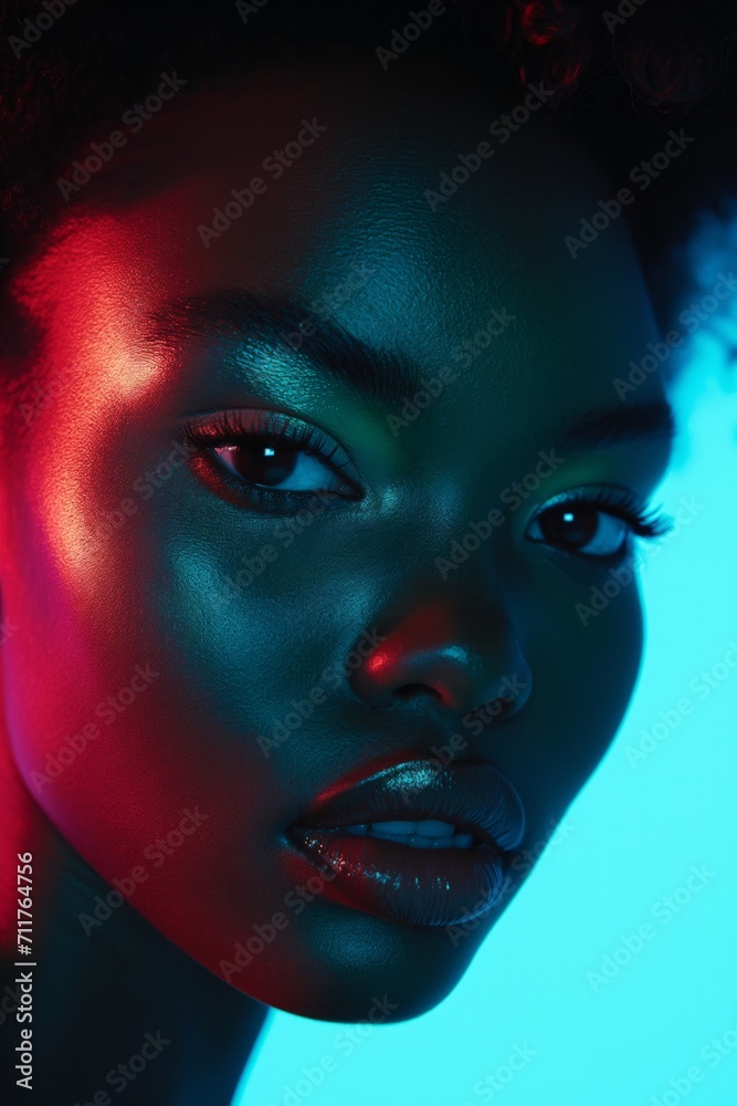 Exotic beauty portrait of beautiful African American female fashion model, voluminous red and blue lighting .
