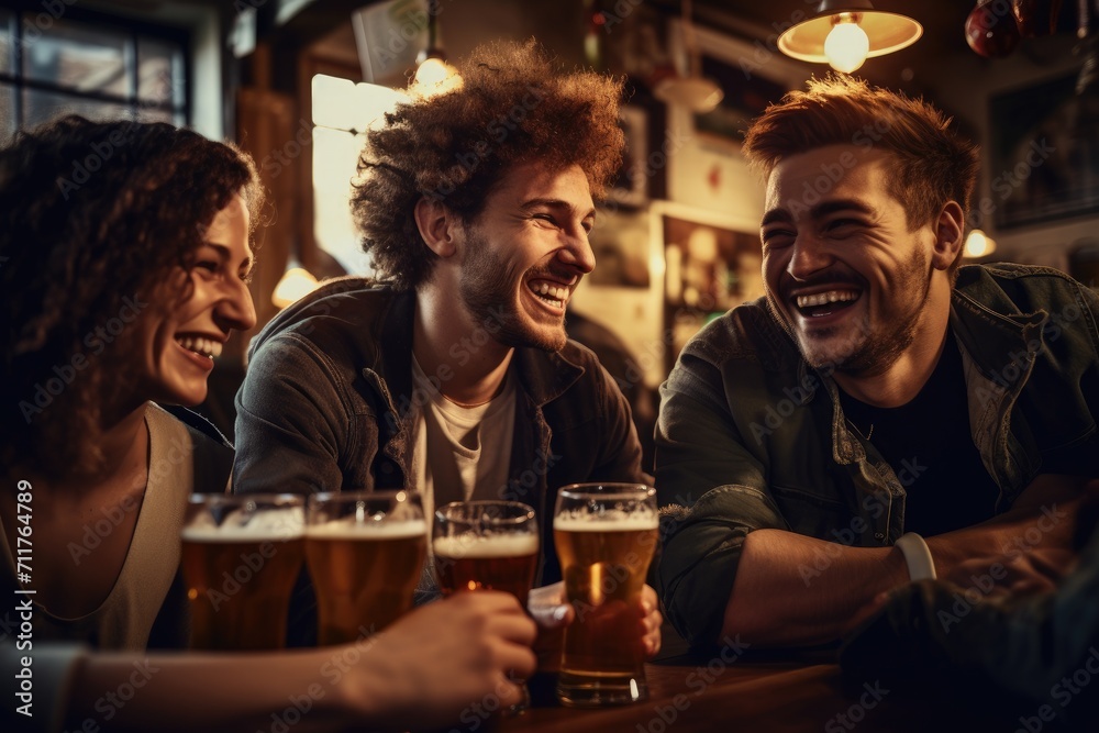 A lively group of individuals sitting at a table, enjoying refreshing beers, engaging in conversation and socializing, Group of cheerful friends with beers at the bar, AI Generated - obrazy, fototapety, plakaty 