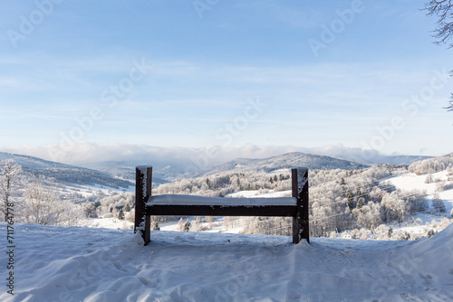 Empty bench in a public park covered with snow in winter.