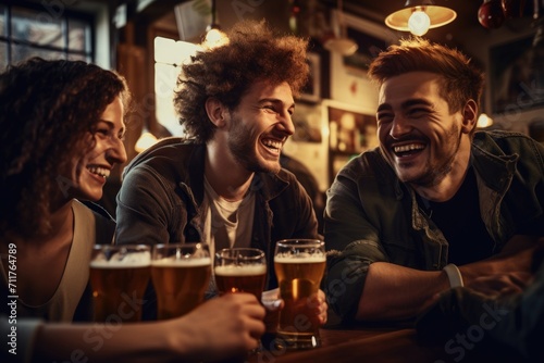 A lively group of individuals sitting at a table, enjoying refreshing beers, engaging in conversation and socializing, Group of cheerful friends with beers at the bar, AI Generated
