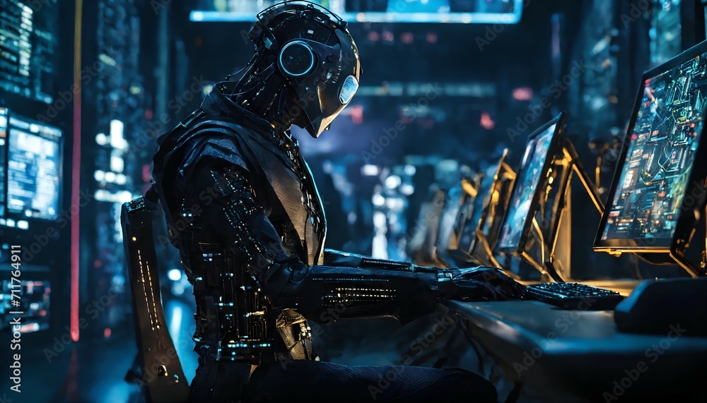 Anonymous robot hacker surrounded by a network of glowing data Cybersecurity Cybercrime Cyberattack. Anonymous robot hacker surrounded by a network of glowing data Cybersecurity Cybercrime Cyberattack.