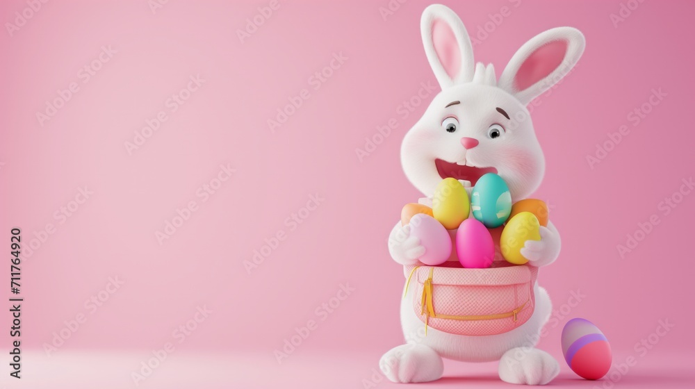 Fototapeta premium Smiling white bunny with bunch of colorful Easter eggs on pastel pink background with copy space. 