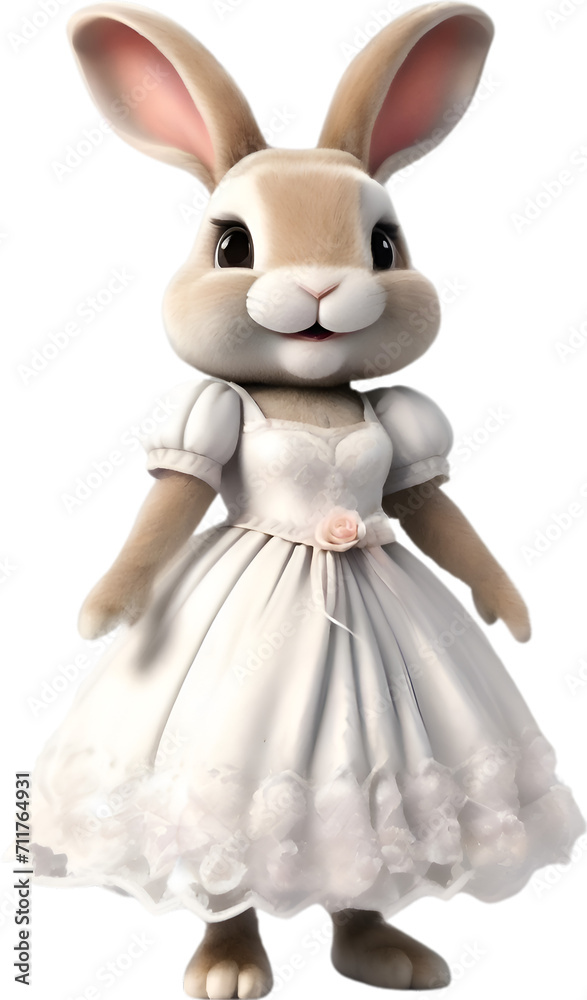 Fototapeta premium Watercolor of a cute cartoon rabbit in a bride costume.