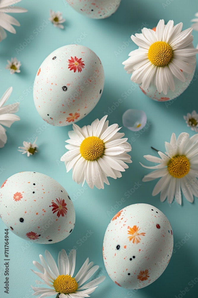 Creative minimalistic Easter background made of white daisy’s flowers  and  Easter eggs on pastel green background. 