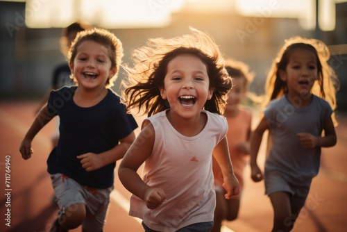 A lively group of children sprinting and playing on a tennis court with their friends, Group of children filled with joy and energy running on athletic track, AI Generated
