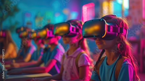 Virtual Reality Education, kids in colorful VR classroom, interactive and dynamic.