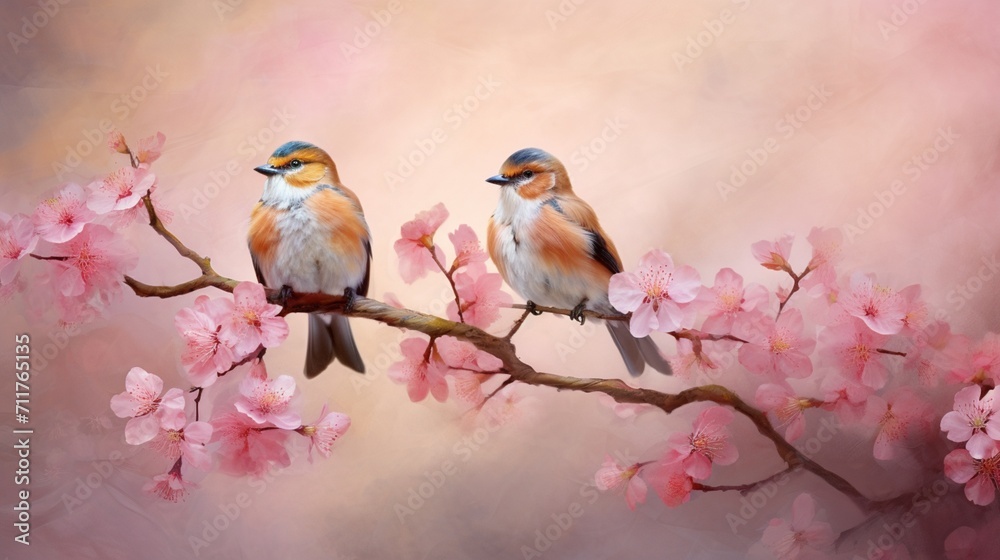 A pair of lovebirds perched on a blooming branch, with space for text placement amidst the vibrant blossoms and the tender avian moment. - Generative AI