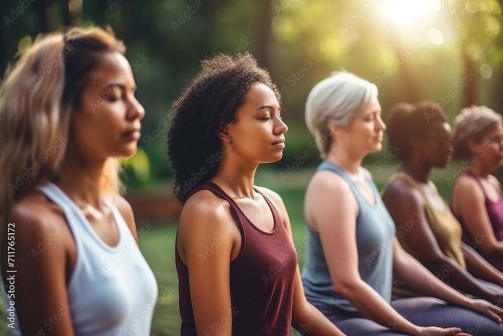 Several women sitting in a line, participating in a yoga session, Group of multiethnic women stretching arms outdoor, Yoga class doing breathing exercise at park, AI Generated