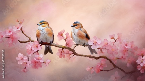 A pair of lovebirds perched on a blooming branch, with space for text placement amidst the vibrant blossoms and the tender avian moment. - Generative AI © Huzaifa