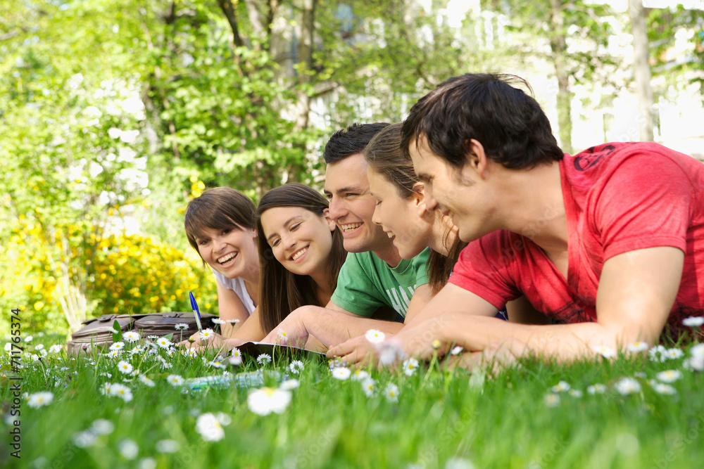 Students hanging out in a park studying and having fun. Students hanging out in a park studying and having fun.