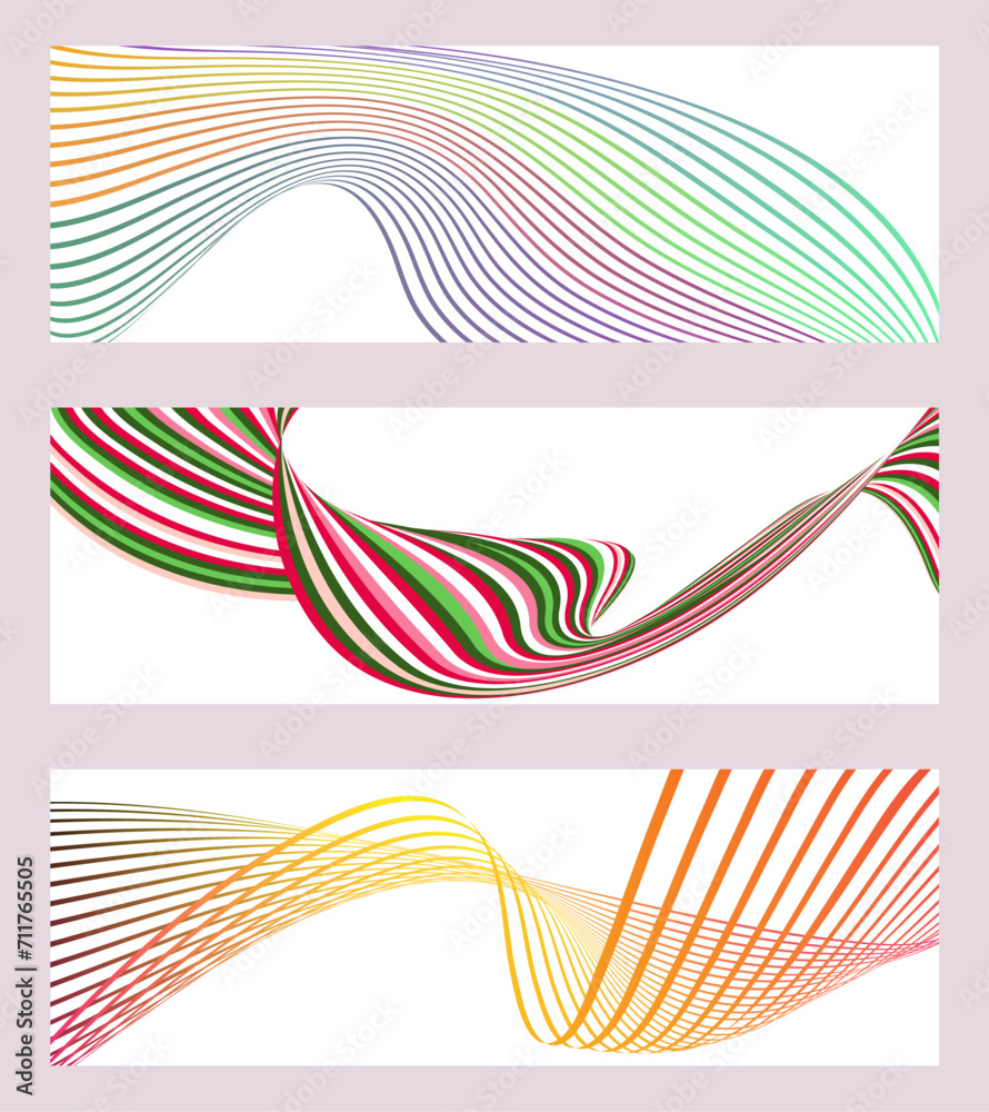 Wavy lines or ribbons. Set of 3 backgrounds. Multicolored striped gradient. Creative unusual background with abstract gradient wave lines to create a trendy banner, poster. vector eps Wavy lines or ribbons. Set of 3 backgrounds. Multicolored striped gradient. Creative unusual background with abstract gradient wave lines to create a trendy banner, poster. vector eps