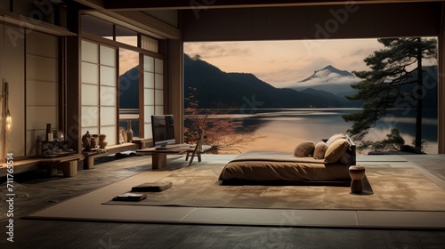 A Japanese-Inspired Bedroom with Traditional Tatami Elegance and Modern Flair - AI Generative