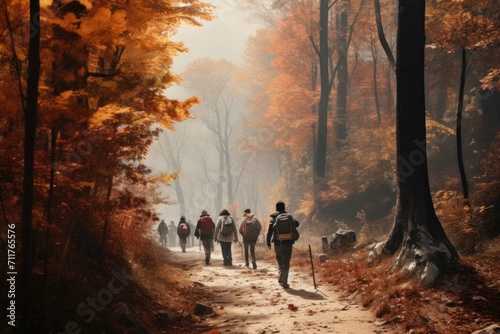 A group of diverse individuals walking together on a dusty pathway in a natural outdoor setting, Group of tourists walks along the path of the autumn forest, AI Generated