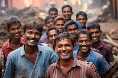 A diverse group of men is gathered together, standing side by side, Group of poor but happy smiling Indian or bangladesh workers, AI Generated photo