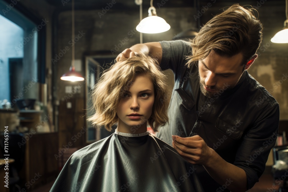 A man skillfully cuts a womans hair with precision and care in a professional barber shop, Hairdresser cutting the hair of a young woman in a beauty salon, AI Generated
