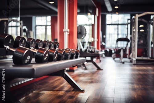 A line of dumbbells neatly arranged in a gym, providing essential fitness equipment for effective strength training workouts, Gym Equipmend Dumbells in a Gym, Fitness Space, AI Generated