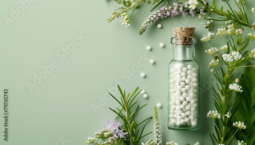 banner showing homeopathic beads in a glass bottle on a light green background, copy space, background, herb, flower photo